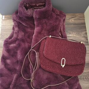 Nicole Miller Burgundy Faux Shearling Crossbody Bag